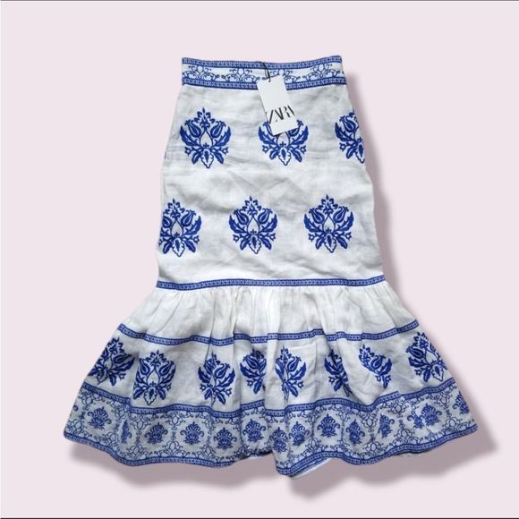 Zara Embroidered Blue and White Midi Skirt - Picture 15 of 16